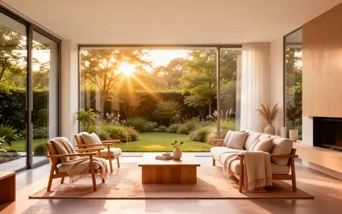 Ein helles, modern eingerichtetes Wohnzimmer mit großen Fenstern und Blick in einen sonnigen Garten. - Foto: über boerse-global.de