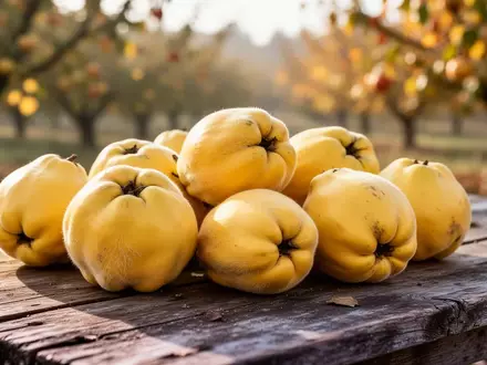 Reife, goldgelbe Quitten liegen auf einem rustikalen Holztisch in einem herbstlichen Obstgarten. - Foto: über boerse-global.de