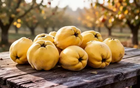 Reife, goldgelbe Quitten liegen auf einem rustikalen Holztisch in einem herbstlichen Obstgarten. - Foto: über boerse-global.de