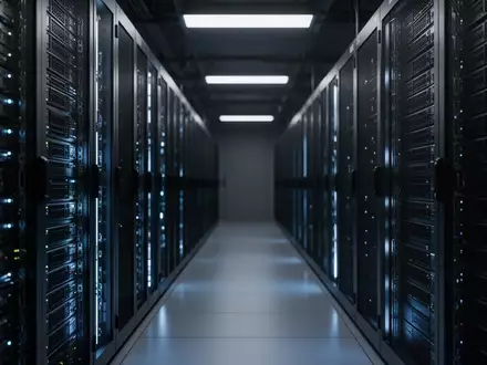 Dunkler Serverraum mit inaktiven Server-Racks in einer industriellen Umgebung - Foto: über boerse-global.de