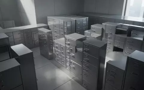 Ein minimalistischer, moderner Archivraum in einem Finanzgebäude mit schlichten, leeren Aktenschränken in natürlichem Licht. - Foto: über boerse-global.de