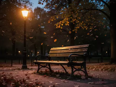 Eine leere Parkbank in der Dämmerung unter einer Straßenlaterne in einer herbstlichen Parkanlage. - Foto: über boerse-global.de