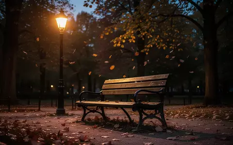 Eine leere Parkbank in der Dämmerung unter einer Straßenlaterne in einer herbstlichen Parkanlage. - Foto: über boerse-global.de