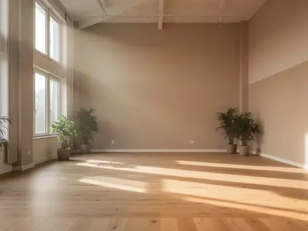 Ein helles, minimalistisches Fitnessstudio mit großen Fenstern und Holzböden in einer ruhigen, modernen Atmosphäre. - Foto: über boerse-global.de