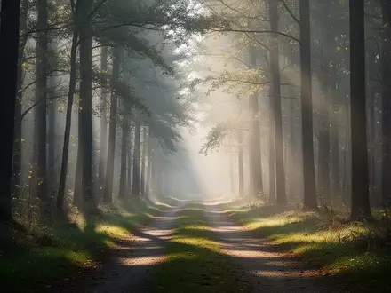 Ein ruhiger Waldweg bei Sonnenaufgang, der Ruhe und mentale Erholung symbolisiert. - Foto: über boerse-global.de