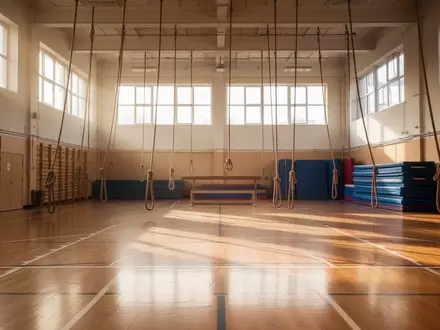 Eine leere, helle Schulturnhalle mit poliertem Holzboden und Turngeräten im Hintergrund. - Foto: über boerse-global.de