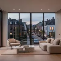 Ein minimalistisch eingerichteter Wohnraum mit Blick auf eine städtische Wohnstraße bei Dämmerung. - Foto: über boerse-global.de