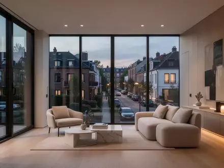 Ein minimalistisch eingerichteter Wohnraum mit Blick auf eine städtische Wohnstraße bei Dämmerung. - Foto: über boerse-global.de