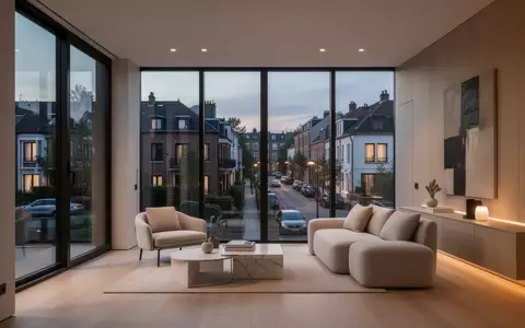 Ein minimalistisch eingerichteter Wohnraum mit Blick auf eine städtische Wohnstraße bei Dämmerung. - Foto: über boerse-global.de
