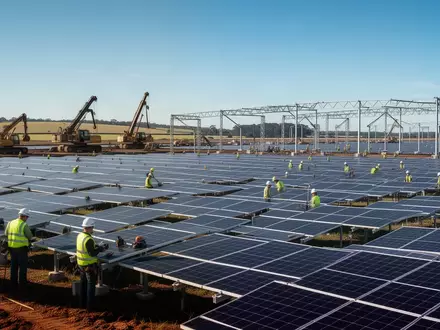 Bauarbeiten in einem Solarpark mit installierten Solarmodulen und Bauarbeitern auf einem Feld. - Foto: über boerse-global.de