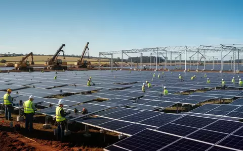 Bauarbeiten in einem Solarpark mit installierten Solarmodulen und Bauarbeitern auf einem Feld. - Foto: über boerse-global.de