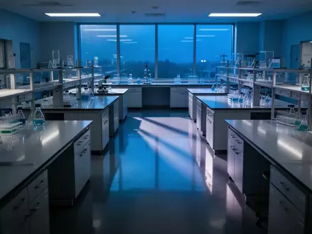 Ein steriles, menschenleeres medizinisches Forschungslabor mit glänzenden Oberflächen bei Dämmerlicht. - Foto: über boerse-global.de