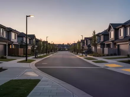 Eine leere, moderne Wohnstraße bei Dämmerung, die den städtischen Raum für autonome Lieferungen veranschaulicht. - Foto: über boerse-global.de