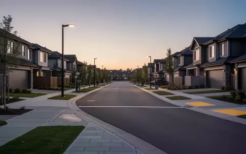 Eine leere, moderne Wohnstraße bei Dämmerung, die den städtischen Raum für autonome Lieferungen veranschaulicht. - Foto: über boerse-global.de