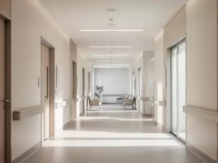 Ein heller, minimalistischer Krankenhausflur mit natürlichem Tageslicht und klarer architektonischer Struktur. - Foto: über boerse-global.de