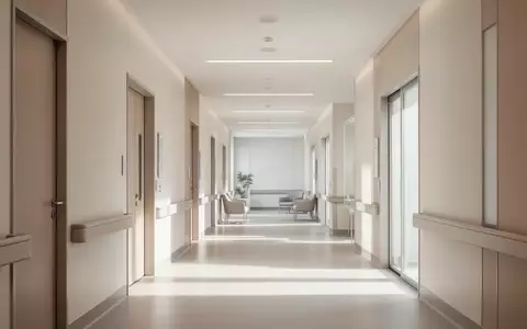 Ein heller, minimalistischer Krankenhausflur mit natürlichem Tageslicht und klarer architektonischer Struktur. - Foto: über boerse-global.de