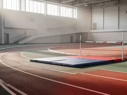 Moderne, leere Leichtathletikhalle mit einer Laufbahnkurve und einer Sprungmatte im natürlichen Tageslicht. - Foto: über boerse-global.de