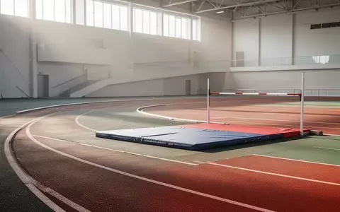 Moderne, leere Leichtathletikhalle mit einer Laufbahnkurve und einer Sprungmatte im natürlichen Tageslicht. - Foto: über boerse-global.de