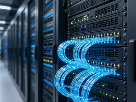 Moderne Serverinfrastruktur in einem Rechenzentrum mit blau leuchtenden Glasfaserkabeln und technischer Hardware. - Foto: über boerse-global.de