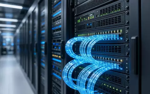 Moderne Serverinfrastruktur in einem Rechenzentrum mit blau leuchtenden Glasfaserkabeln und technischer Hardware. - Foto: über boerse-global.de