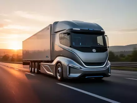 Ein autonomer, futuristischer Elektro-Lkw auf einer modernen Autobahn bei Sonnenuntergang. - Foto: über boerse-global.de