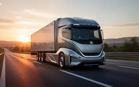 Ein autonomer, futuristischer Elektro-Lkw auf einer modernen Autobahn bei Sonnenuntergang. - Foto: über boerse-global.de