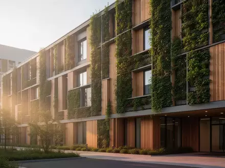 Moderne Krankenhausarchitektur mit begrünten Fassaden und nachhaltigen Bauelementen bei natürlichem Tageslicht. - Foto: über boerse-global.de