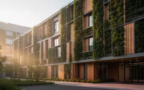 Moderne Krankenhausarchitektur mit begrünten Fassaden und nachhaltigen Bauelementen bei natürlichem Tageslicht. - Foto: über boerse-global.de