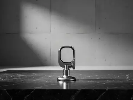 Ein minimalistisches, professionelles Fotostudio mit einem leeren, silbernen Kameragriff auf einer dunklen Steinoberfläche. - Foto: über boerse-global.de