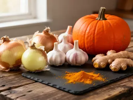 Frische herbstliche Zutaten wie Zwiebeln, Knoblauch, Kürbis, Ingwer und Kurkuma auf einem rustikalen Holztisch. - Foto: über boerse-global.de