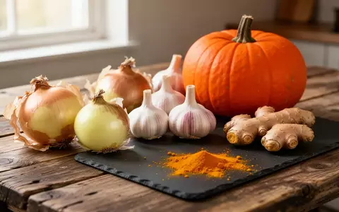 Frische herbstliche Zutaten wie Zwiebeln, Knoblauch, Kürbis, Ingwer und Kurkuma auf einem rustikalen Holztisch. - Foto: über boerse-global.de