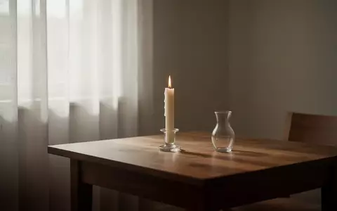 Ein minimalistisch eingerichteter Raum mit weichem Tageslicht, einer einzelnen Kerze und einer leeren Glasvase auf einem Holztisch. - Foto: über boerse-global.de