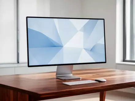 Ein minimalistischer Arbeitsplatz mit einem modernen Monitor, der abstrakte geometrische Muster auf einem Eichenschreibtisch zeigt. - Foto: über boerse-global.de