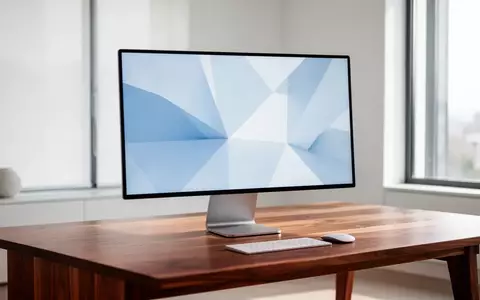 Ein minimalistischer Arbeitsplatz mit einem modernen Monitor, der abstrakte geometrische Muster auf einem Eichenschreibtisch zeigt. - Foto: über boerse-global.de