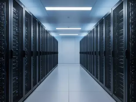 Modernes, minimalistisches Serverraum-Innere mit symmetrischen Server-Racks und kühler blauer Beleuchtung. - Foto: über boerse-global.de