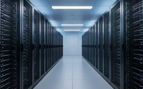 Modernes, minimalistisches Serverraum-Innere mit symmetrischen Server-Racks und kühler blauer Beleuchtung. - Foto: über boerse-global.de