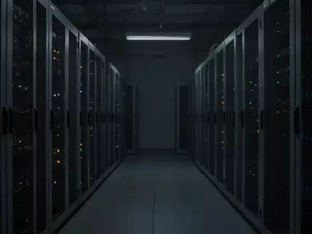 Ein dunkler, menschenleerer Serverraum mit unbeleuchteten Serverschränken in einer stillen, industriellen Umgebung. - Foto: über boerse-global.de