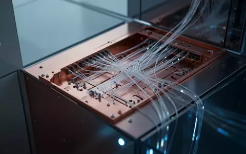 Abstraktes Nahbild einer modernen Netzwerkinfrastruktur mit Kupfer- und Glasfaserleitungen in bläulichem Licht. - Foto: über boerse-global.de