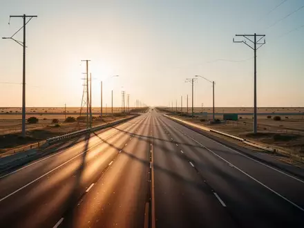 Eine weite, leere Autobahn in der texanischen Landschaft im warmen Licht der goldenen Stunde. - Foto: über boerse-global.de