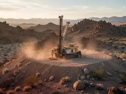 Ein Bohrturm an einer abgelegenen Gold-Explorationsstätte in der Wüstenlandschaft Nevadas bei Sonnenuntergang. - Foto: über boerse-global.de