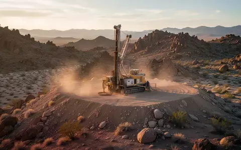 Ein Bohrturm an einer abgelegenen Gold-Explorationsstätte in der Wüstenlandschaft Nevadas bei Sonnenuntergang. - Foto: über boerse-global.de