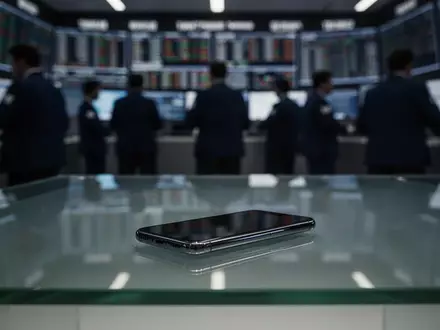 Ein moderner, leerer Schreibtisch mit einem Smartphone in einem gedimmten Börsenbüro, symbolisch für fallende Aktienkurse. - Foto: über boerse-global.de