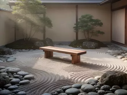 Ein minimalistischer japanischer Garten mit glatten Flusssteinen und einer hölzernen Sitzbank in ruhigem, natürlichem Licht. - Foto: über boerse-global.de