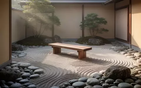 Ein minimalistischer japanischer Garten mit glatten Flusssteinen und einer hölzernen Sitzbank in ruhigem, natürlichem Licht. - Foto: über boerse-global.de
