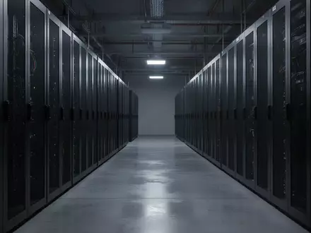 Eine leere, moderne Server-Infrastruktur in einem industriellen Raum bei gedimmtem Licht. - Foto: über boerse-global.de