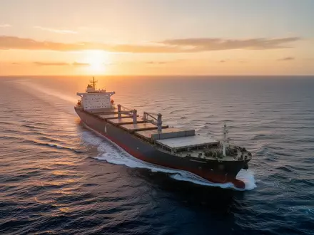 Ein modernes Frachtschiff auf offener See bei Sonnenuntergang. - Foto: über boerse-global.de
