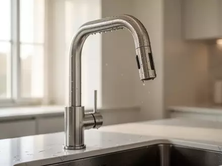 Ein moderner Wasserhahn aus Edelstahl in einer hellen Küche bei natürlichem Lichteinfall. - Foto: über boerse-global.de