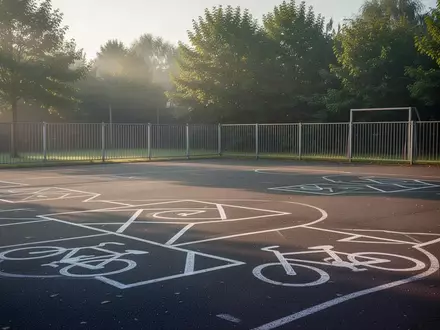 Ein leerer Schulhof mit aufgemalten Linien und Markierungen für einen Fahrradparcours bei natürlichem Tageslicht. - Foto: über boerse-global.de