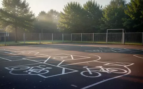 Ein leerer Schulhof mit aufgemalten Linien und Markierungen für einen Fahrradparcours bei natürlichem Tageslicht. - Foto: über boerse-global.de