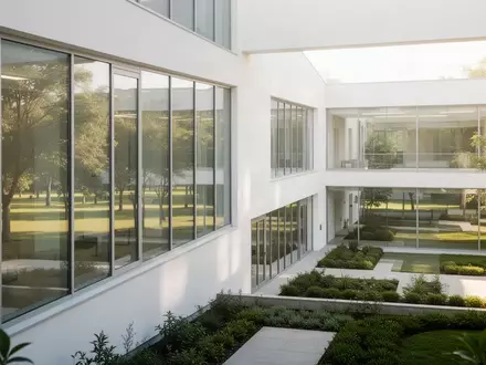 Moderne Architektur eines Klinikgebäudes mit grüner Außenanlage und hellen Fassadenelementen. - Foto: über boerse-global.de